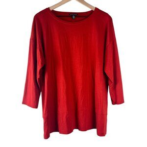 Eileen Fisher Red Round Neck 3/4 Sleeve Stretch Jersey Tunic Top